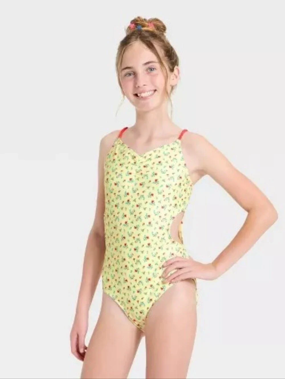 NWT Art Class Girls Yellow Floral Cutout One Piece Swimsuit Size XL 14 Plus